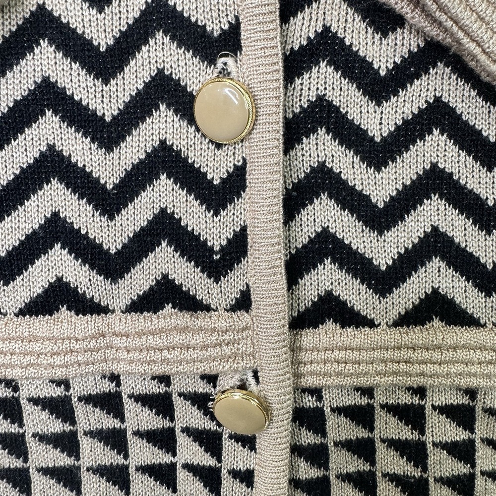 Mita Sport Womens L Geometric Knit Coatigan Cardigan Black Tan Button Front - Picture 2 of 10